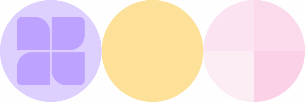 Illustration composée de trois formes circulaires alignées horizontalement : un cercle rose clair avec un quart manquant en bas à gauche, un cercle jaune pâle plein au centre, et un cercle violet clair contenant un motif géométrique abstrait formé de quatre formes arrondies